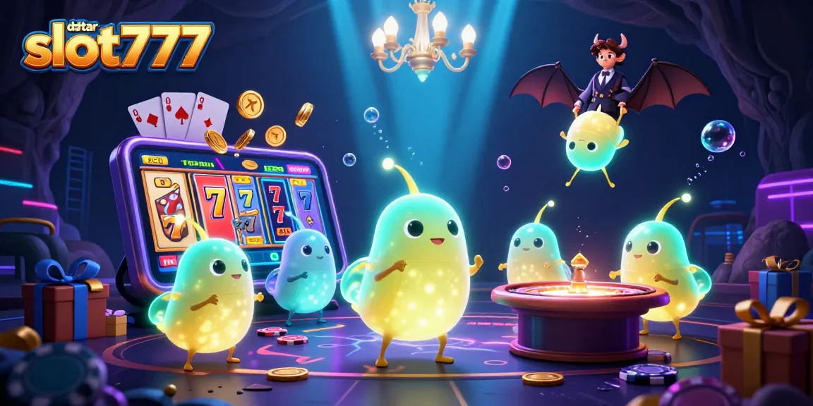 Play and win big with daftar slot777 in a lively underground casino illuminated by glowworms.