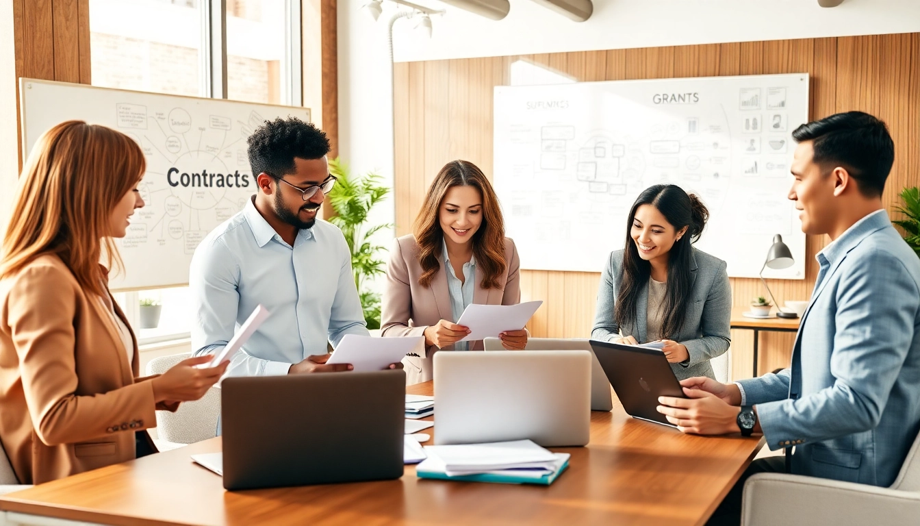 Consultants discussing contracts and grants in a bright, professional office setting.
