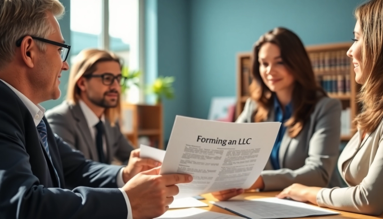 Set up LLC with a lawyer assisting clients in a professional office environment.