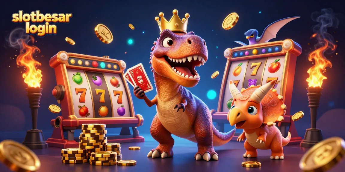Experience thrilling slot games with slotbesar login surrounded by cartoon dinosaurs in a vibrant casino scene.