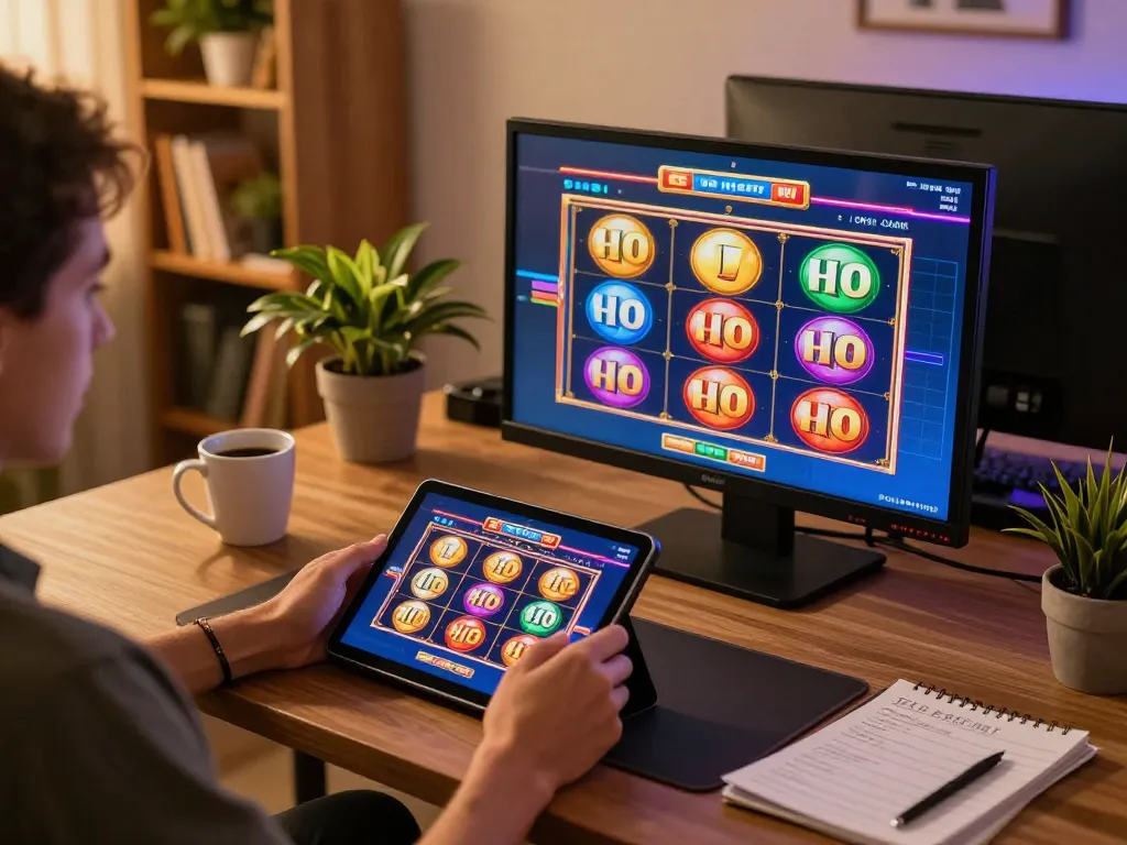 Nohu online slots gaming on tablet in a warm home environment