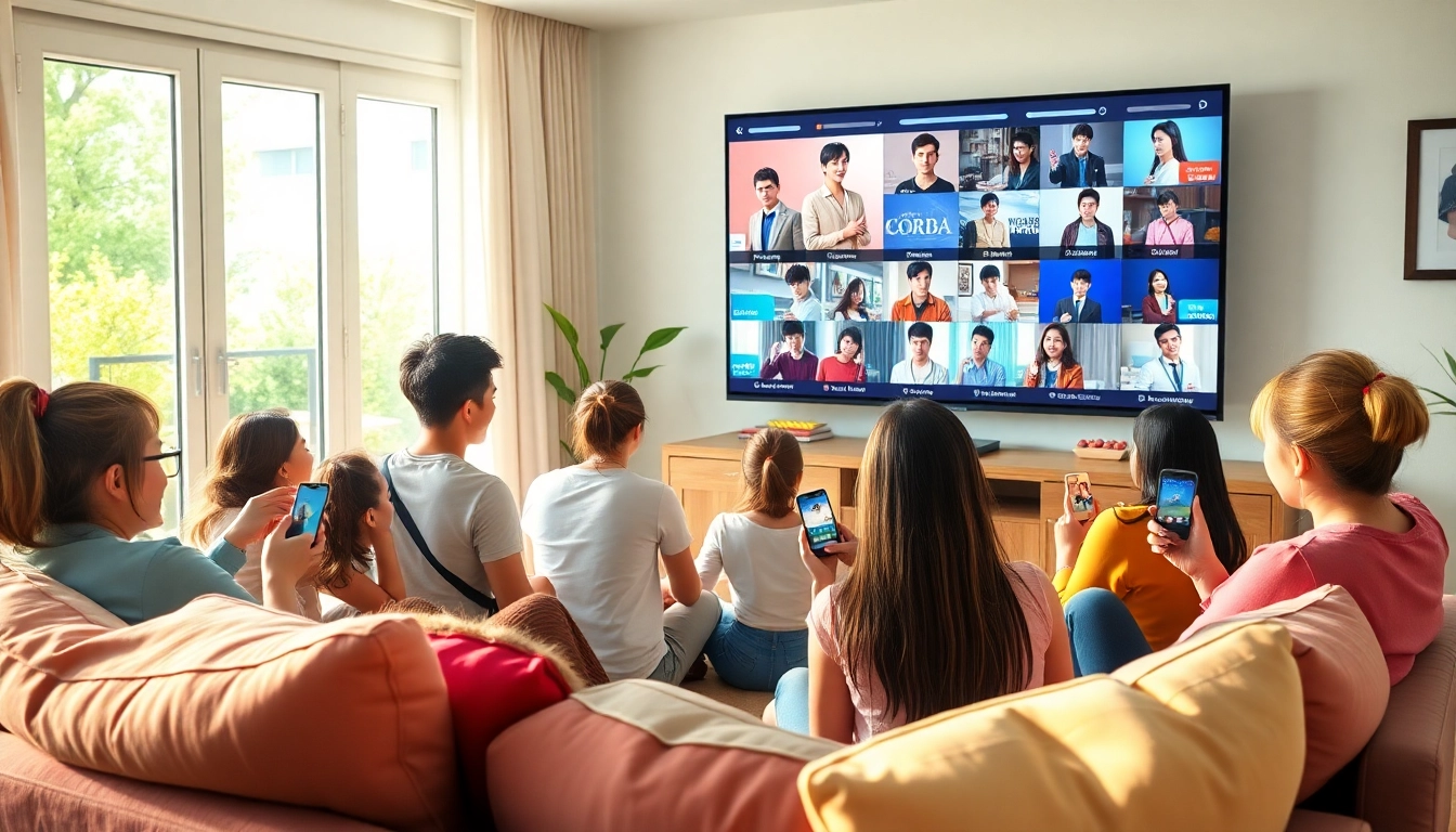 Enjoying a cozy gathering while watching Korean drama online with friends in a vibrant setting.