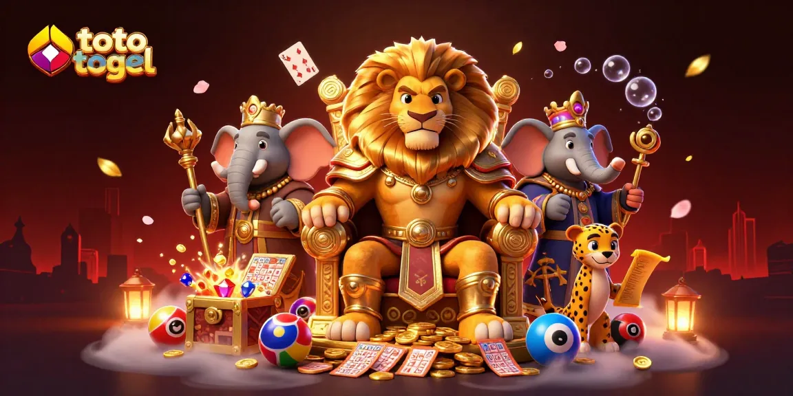 Terlibat dalam kegembiraan toto togel dengan adegan lotere yang cerah menampilkan raja singa, penasihat gajah, dan cheetah.