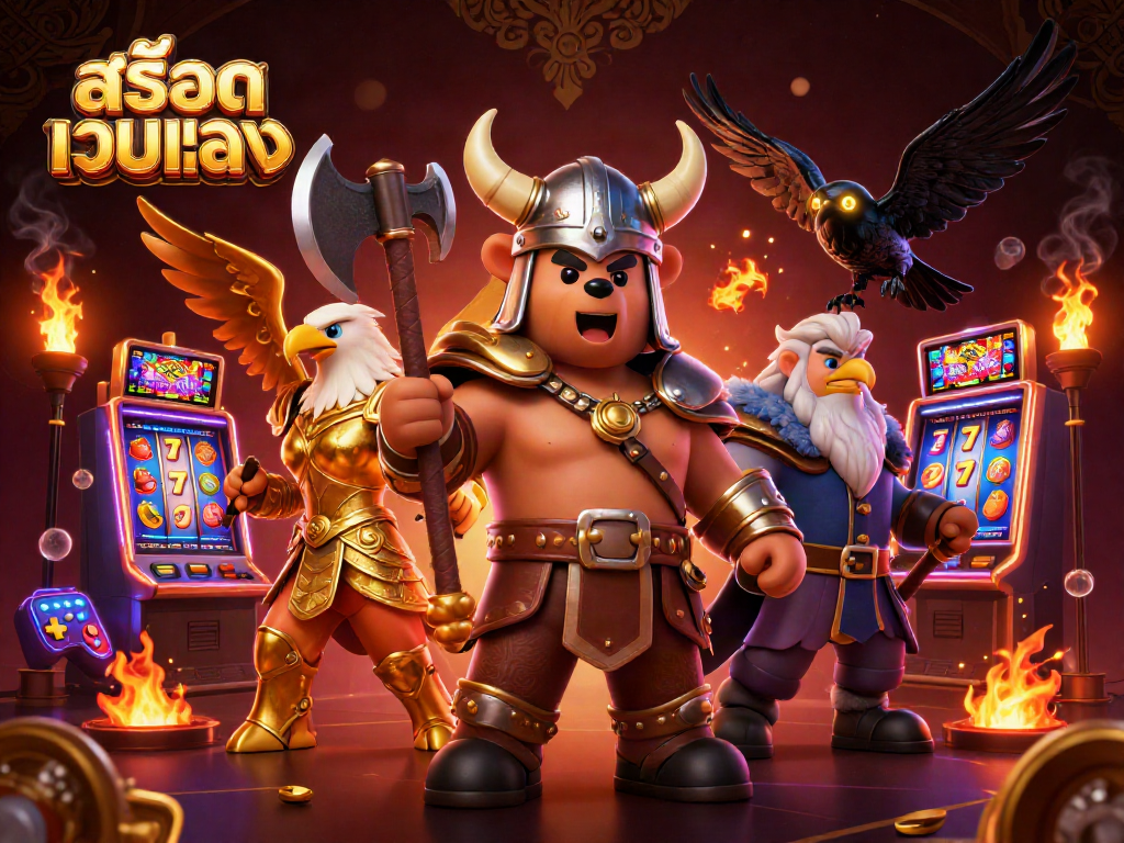 Spin the reels on สล็อตเว็บตรง with Viking and eagle characters amidst vibrant casino elements.