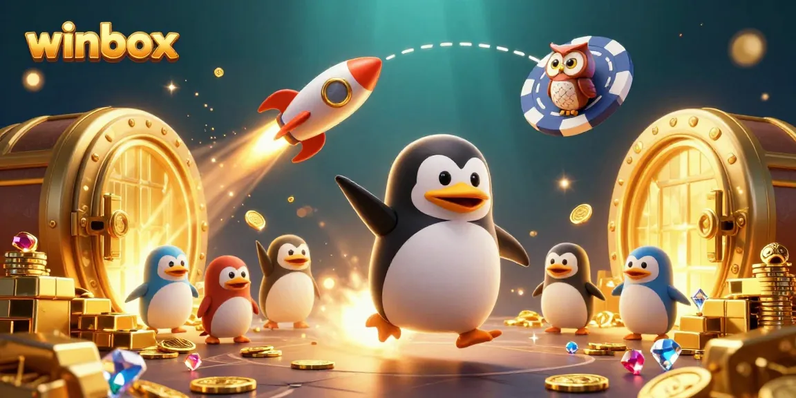Spin and win at Winbox with a golden penguin racing toward a casino space station!