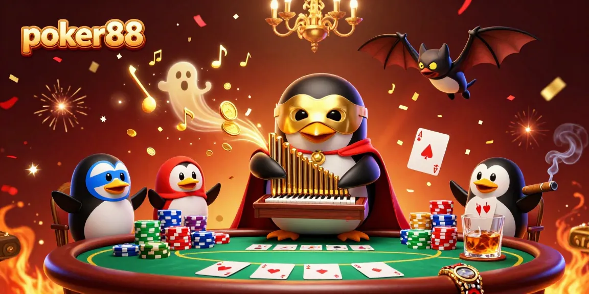 Poker88: A vibrant 3D scene showing a penguin playing an organ with gold coins, poker elements, and festive fireworks.