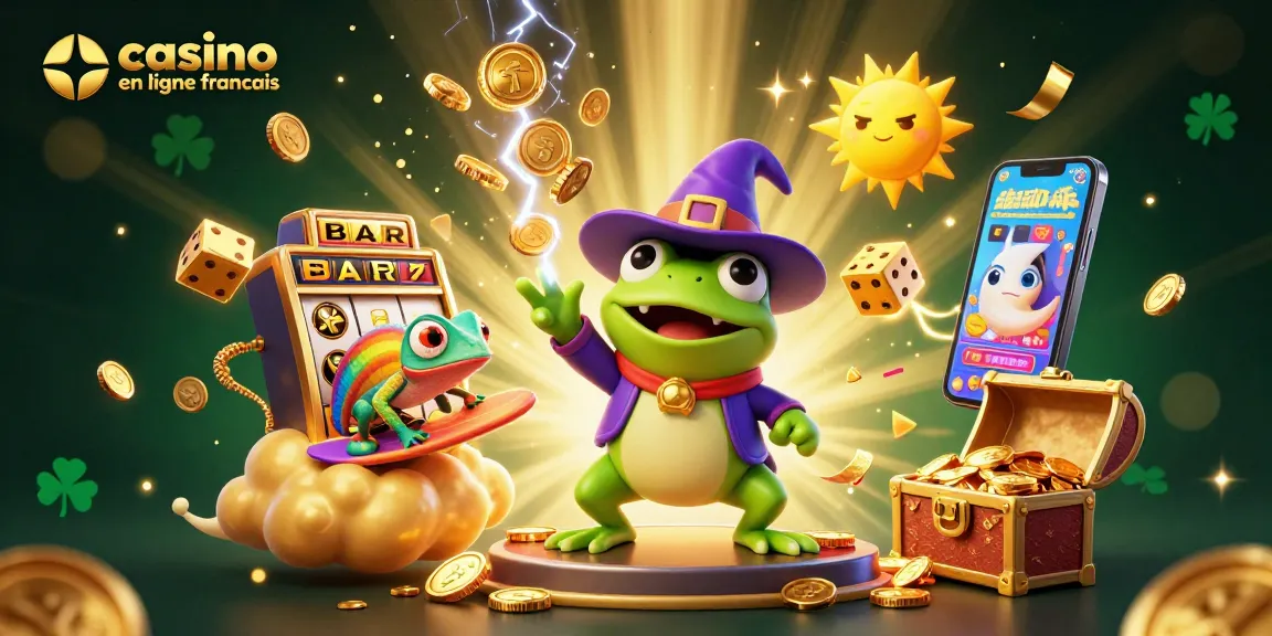 Rejoignez l'excitation du casino en ligne français avec des personnages vibrants et des pièces d'or tombant du ciel.