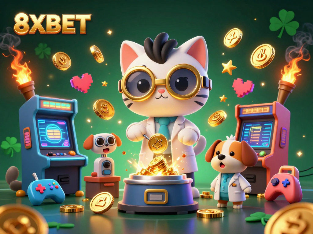 Engage with 8XBET's vibrant gaming universe featuring a mad scientist cat and excited dog amid dazzling 3D elements.