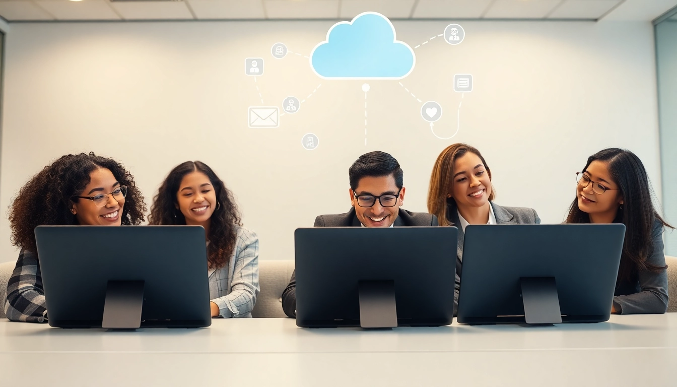 Team members utilizing a cloud based phone system in a modern office setting.