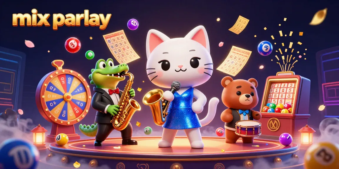 Win big with mix parlay betting strategies amid a vibrant casino scene featuring lively characters.