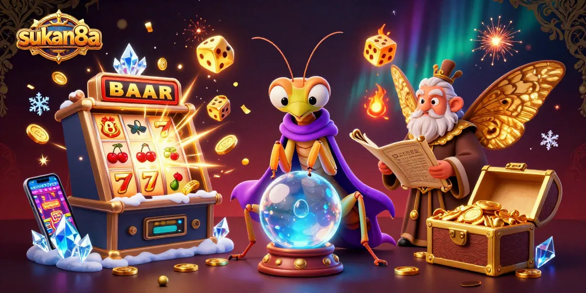 Sukan8a casino fortune teller surrounded by vibrant slot machine and treasure elements, invoking excitement.