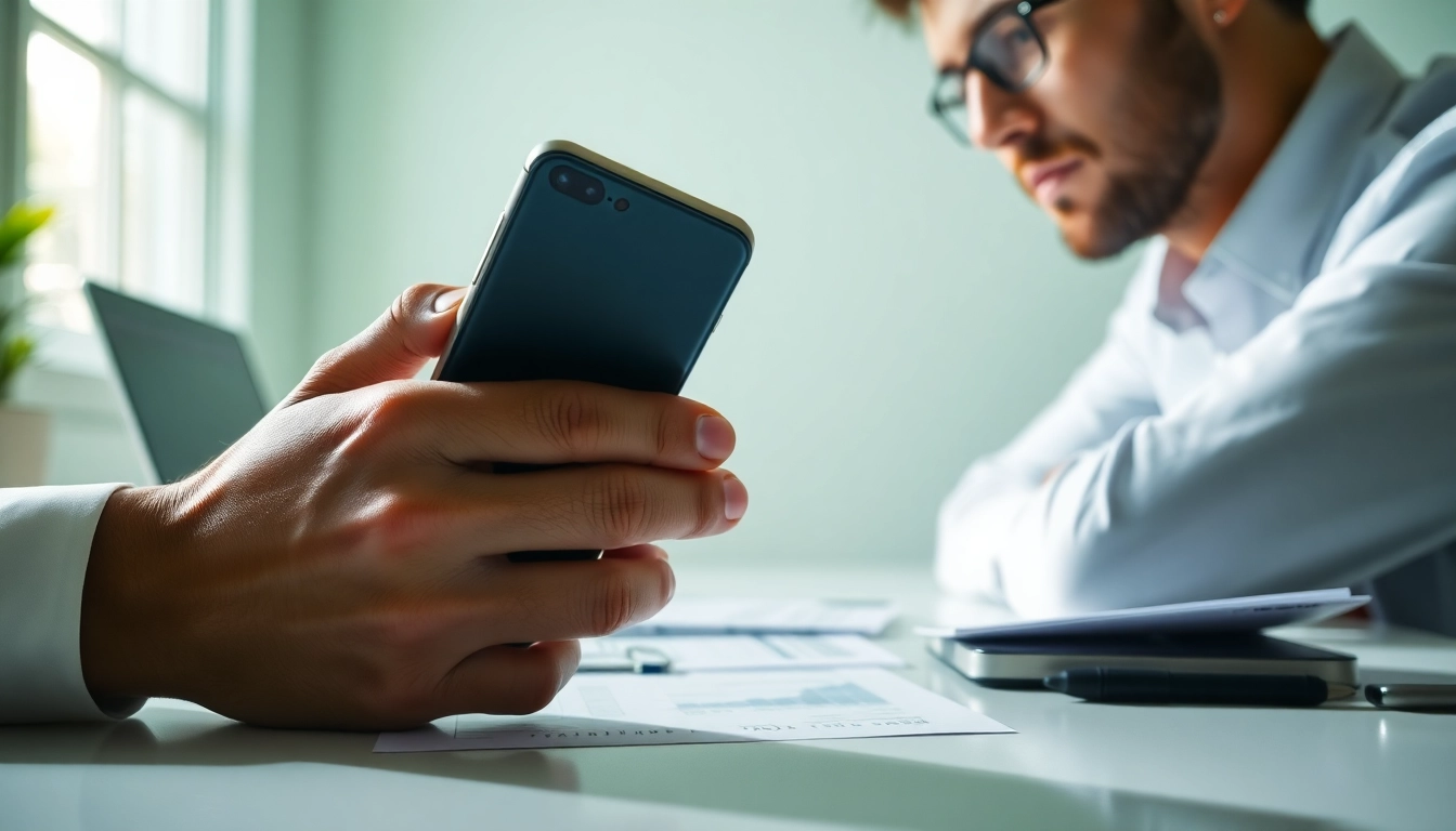Trade old phone for cash: A person evaluating a smartphone for a cash transaction.