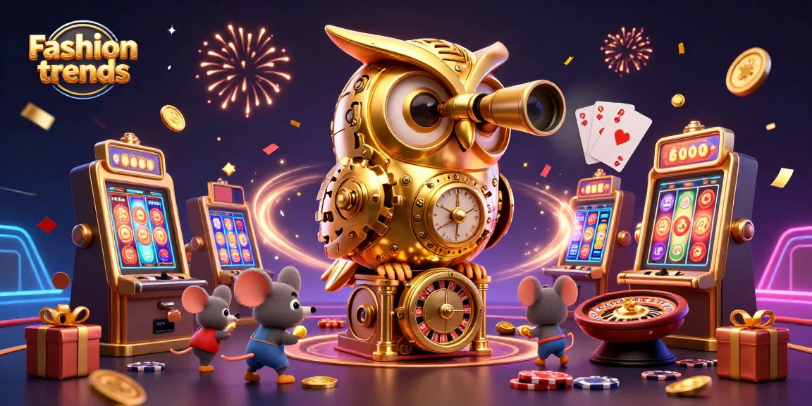 Experience Fashion trends with a 3D golden owl scanning a vibrant casino, surrounded by dynamic gaming elements.