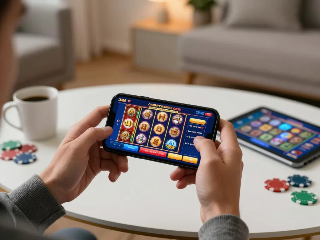 Playing giochi casino gratis senza registrazione on a smartphone, vibrant user interface, cozy home setting.