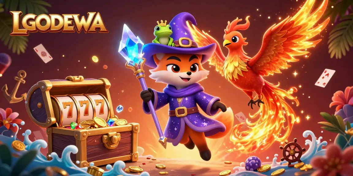 Spin with LGODEWA in a vibrant 3D casino scene filled with treasures and luck.