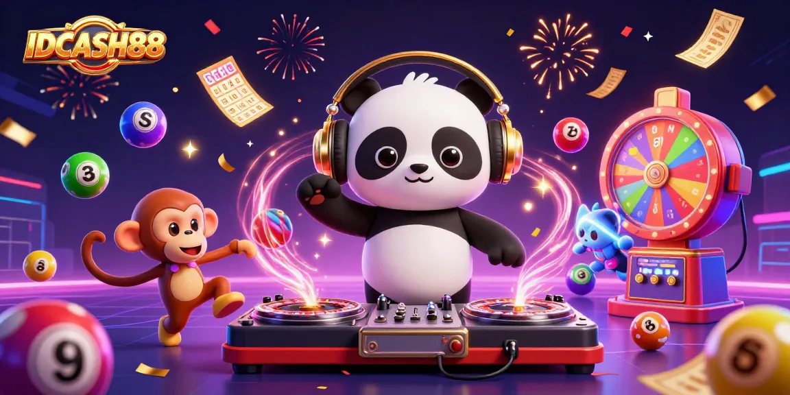 Experience the excitement of IDCASH88 with a DJ panda, dancing monkey, and glowing kitten in a vibrant casino scene.