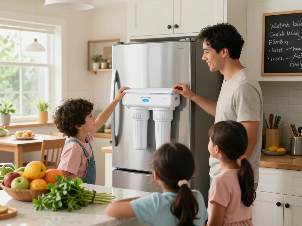 Family replacing the Waterdrop 4396508 Refrigerator Water Filter in a bright kitchen, showcasing commitment to clean water.