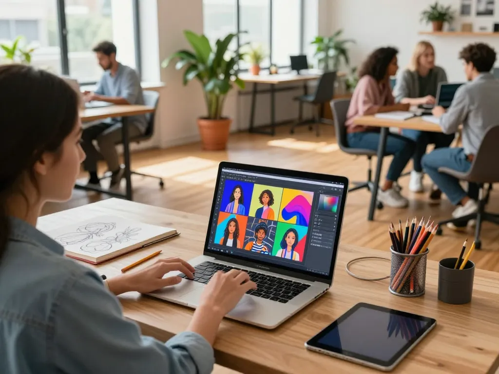 Graphic designer using the nano banana 2 AI image editor in a vibrant workspace.