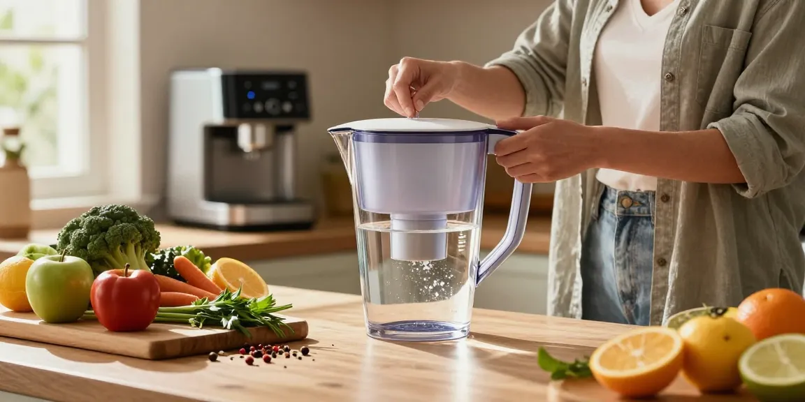 Fresh tap water being poured into Waterdrop Water Filter Pitcher with 1 Filter, surrounded by healthy kitchen ingredients.