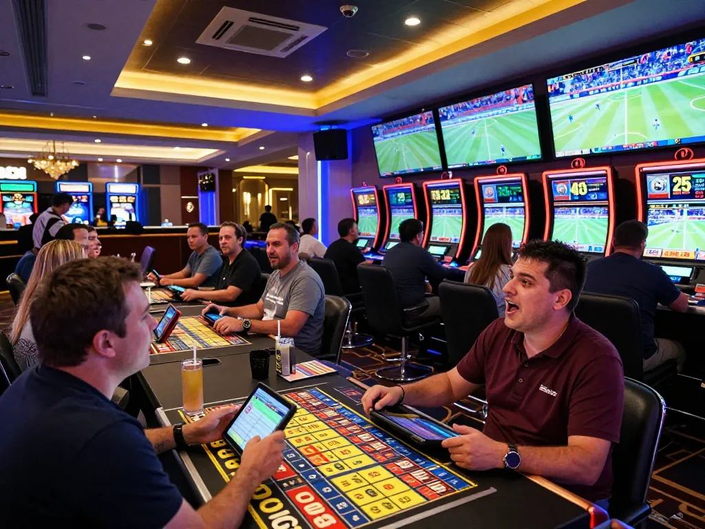 Kèo nhà cái displayed prominently in a lively sports betting lounge with enthusiastic patrons placing bets and watching games.