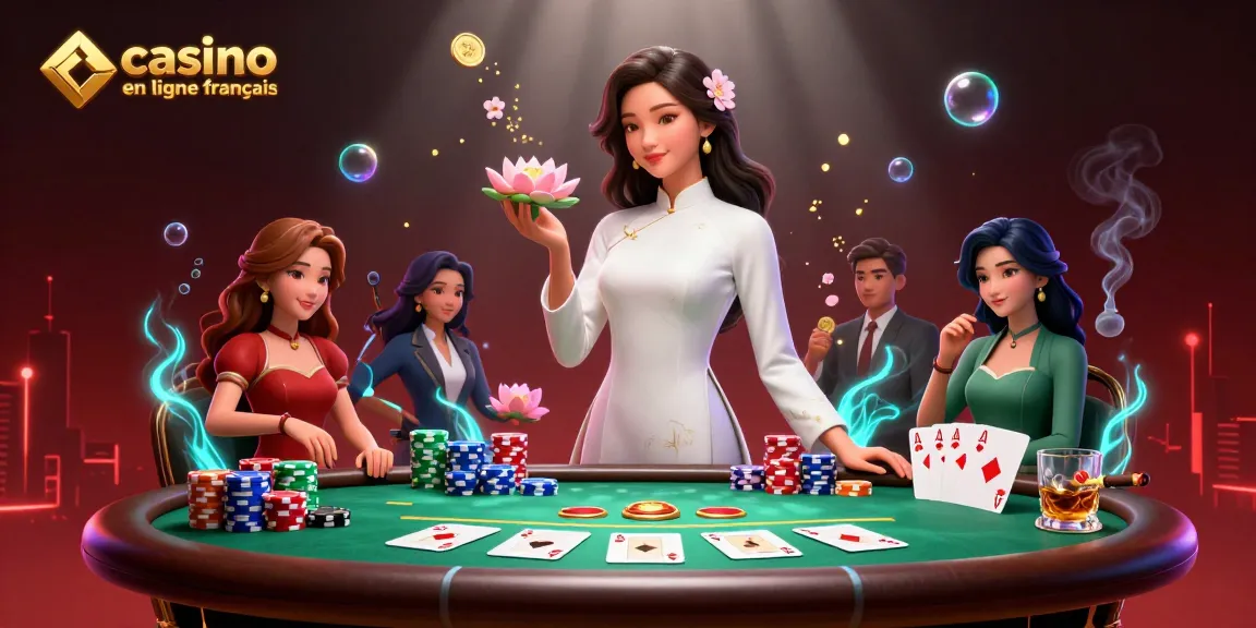 Plongez dans l'atmosphère vibrante du casino en ligne francais, mettant en avant des éléments de poker et un personnage élégant au milieu de détails riches.