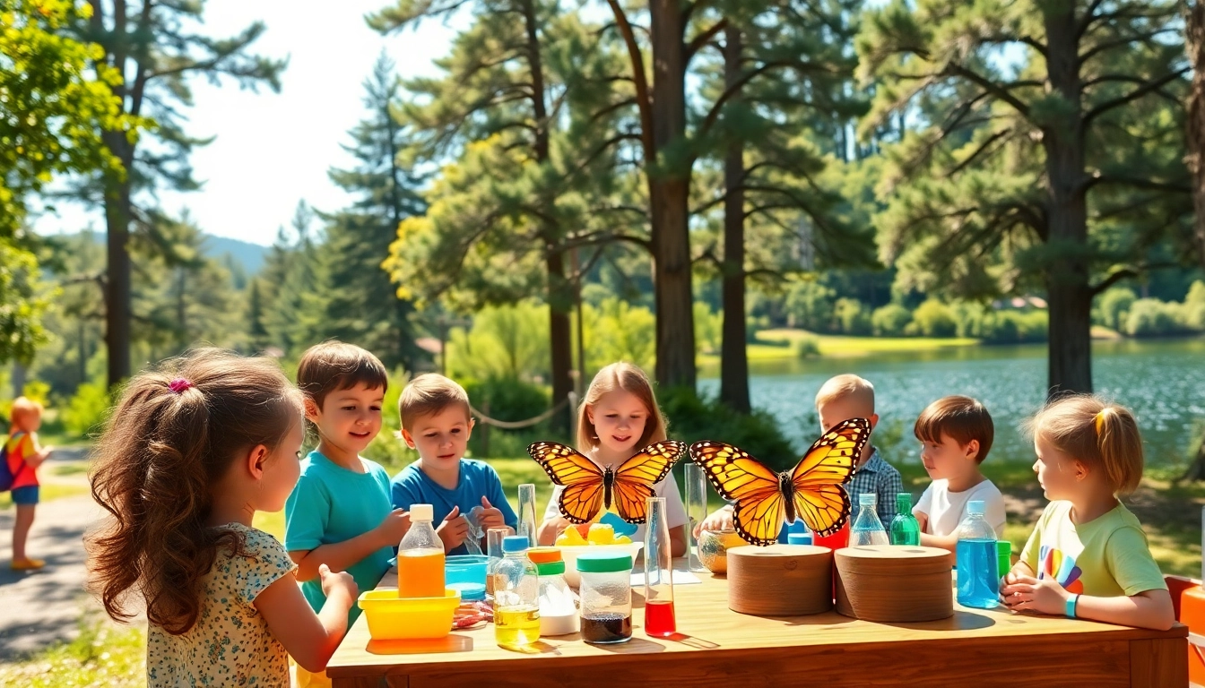 Kids participating in hands-on activities at a science and nature camp, exploring nature with excitement.