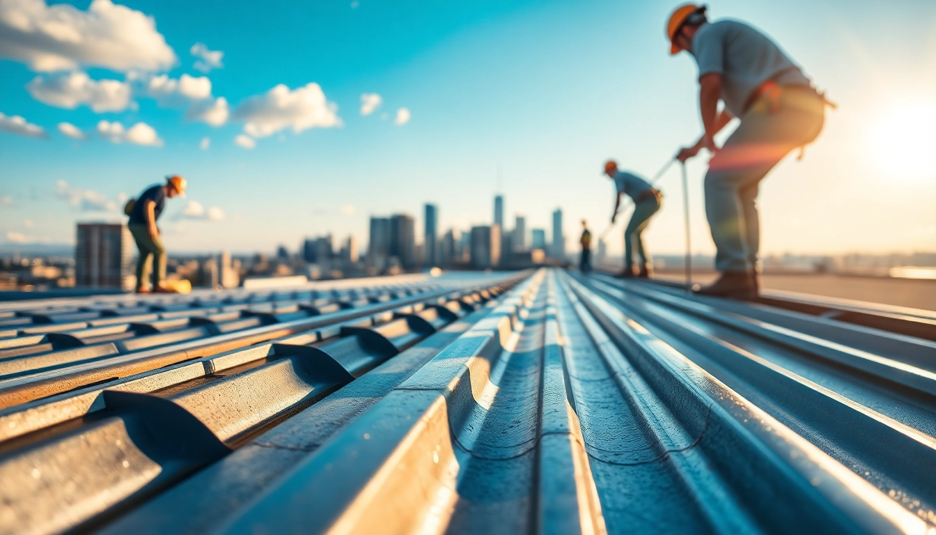 Workers installing durable metal roofing calgary on a sunny day, highlighting craftsmanship.