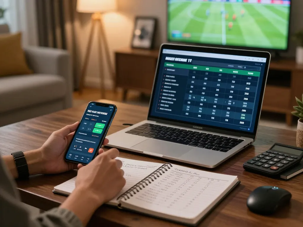 Engaging in kèo nhà cái betting strategies with a laptop and smartphone in a cozy living room