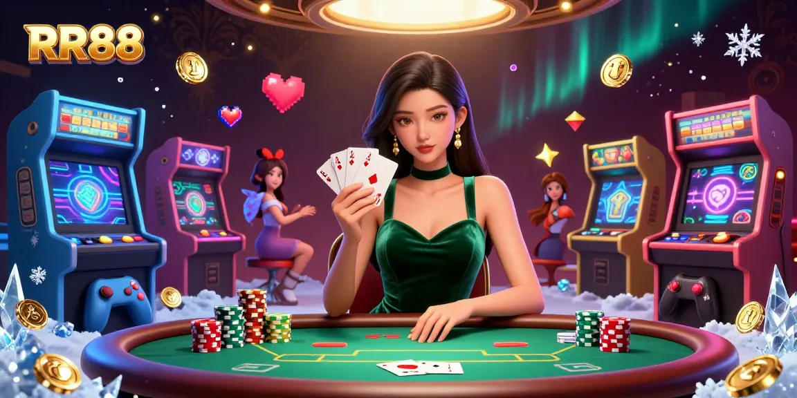 Engage with thrilling casino action at RR88 with a beautiful dealer playing cards in a vibrant gaming atmosphere.