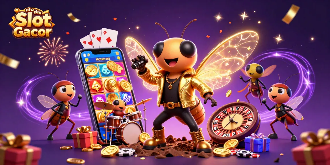 Toto dan Slot Gacor scene featuring vibrant characters, slot games, and festive casino elements.