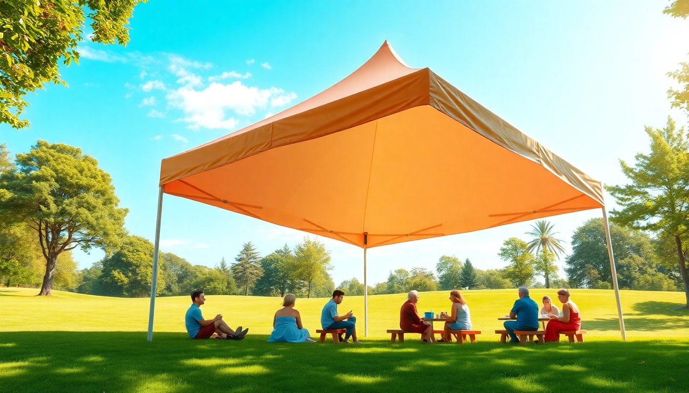 Set up of a canopy tent providing shade for a picnic in a sunny park.
