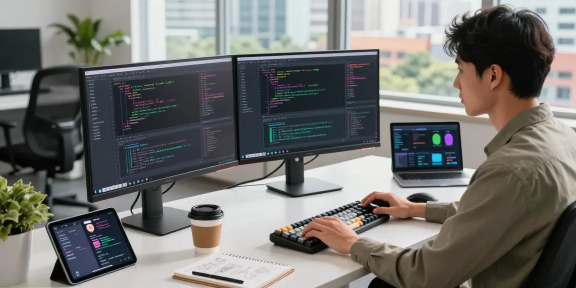 Developer in a modern workspace generating ai prompt images while coding.
