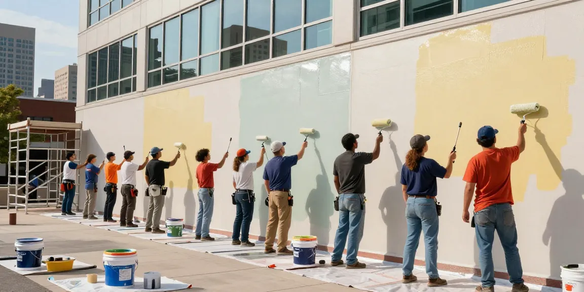 Commercial painting contractors Columbus Ohio applying fresh paint to a large office building in a vibrant urban setting.