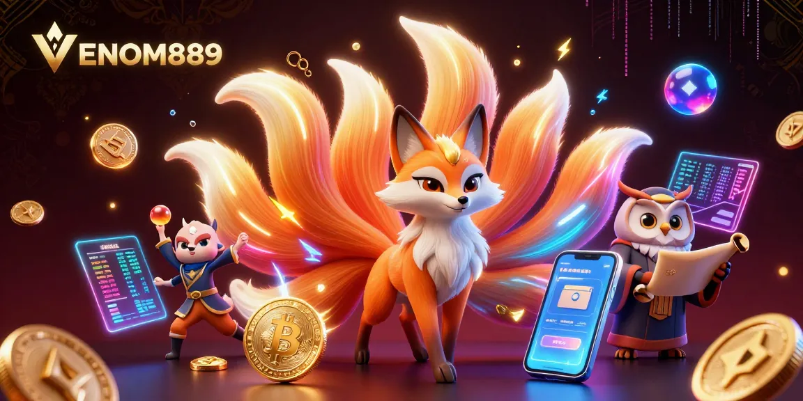 Engage with VENOM889 in a vibrant, action-packed visual featuring a nine-tailed fox among dynamic crypto elements.