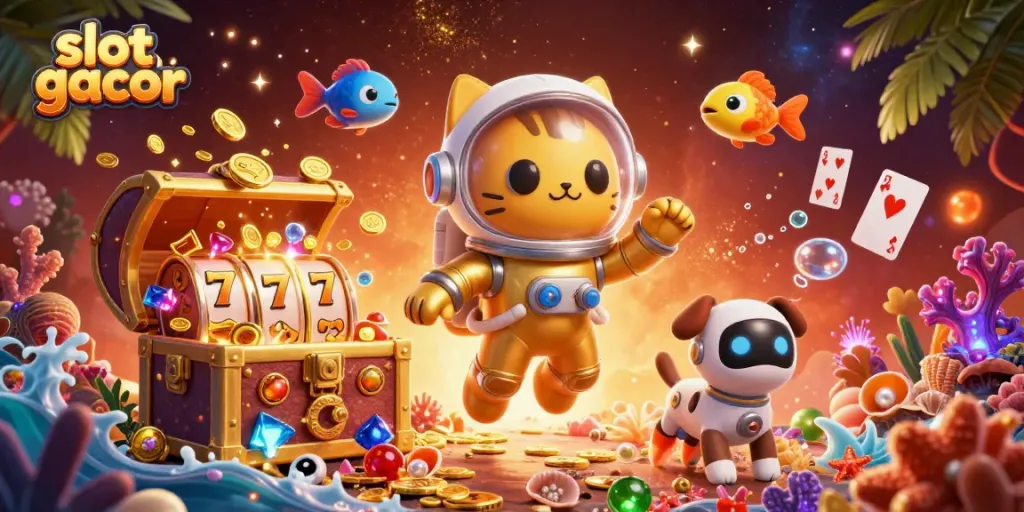 Engage with slot gacor through a vibrant 3D illustration featuring a space astronaut cat and details of underwater treasures.