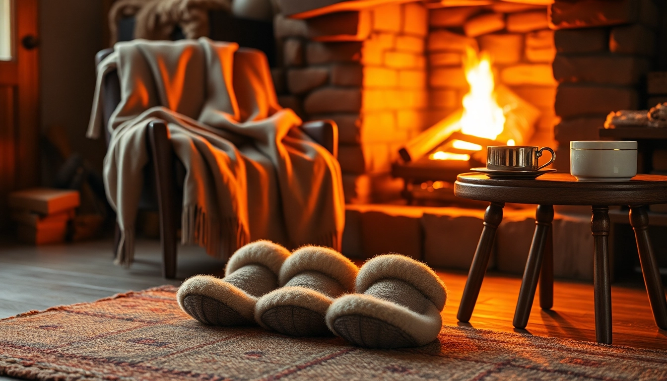 Cozy Foot Warmers beside a warm fireplace in a serene, inviting setting.