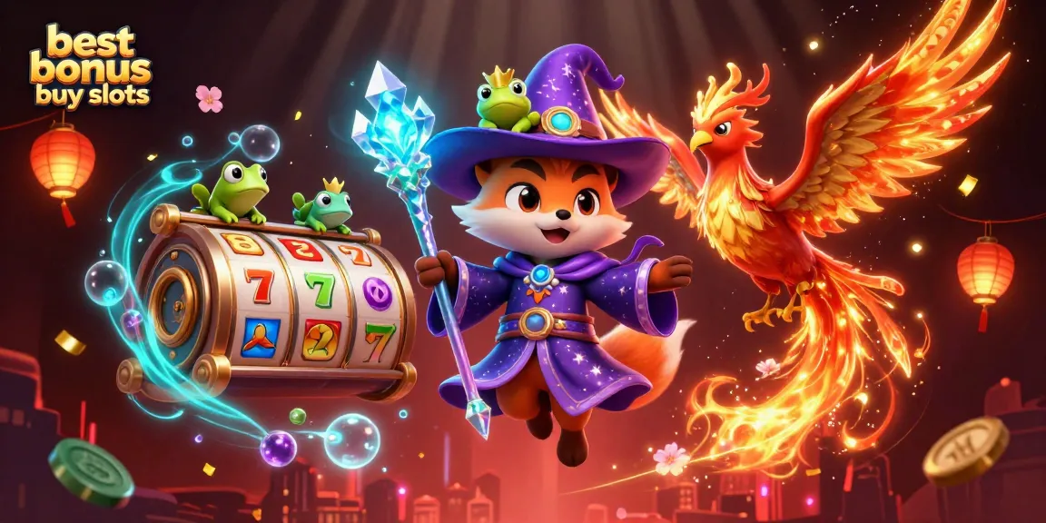 Engage with the best bonus buy slots in a colorful 3D casino-themed illustration showcasing whimsical characters.