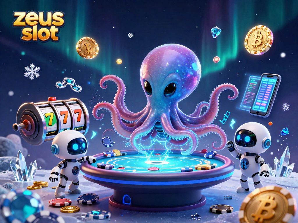 Experience zeus slot action with a vibrant alien octopus at a poker table amidst digital surprises.