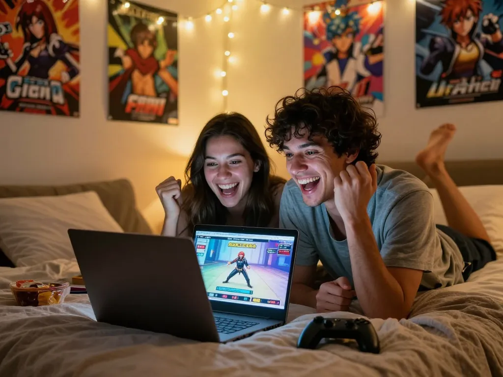 Couple enjoying a free porn game in a cozy bedroom setting.