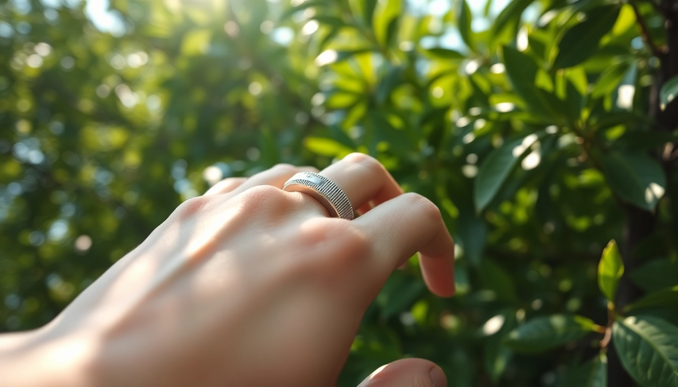 Smart Health Ring resting on a hand among greenery, showcasing its design and technology.