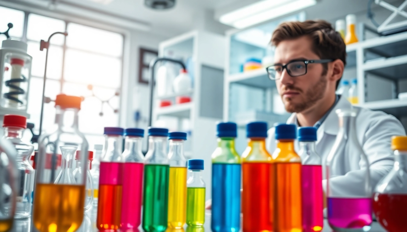 Explore Peptides UK in a dynamic lab setting with chemist and vibrant vials.