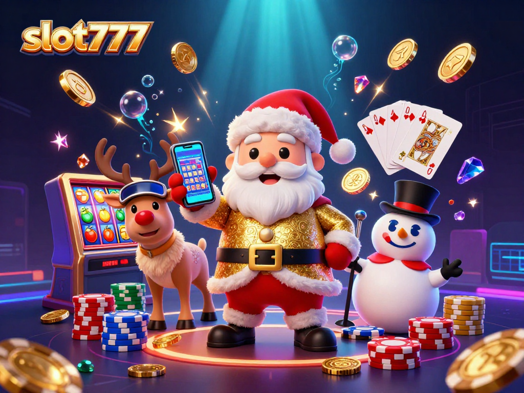 Win big with slot777 in this vibrant casino-themed illustration featuring Santa and friends!