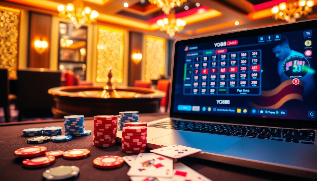 A thrilling casino environment showcasing poker and roulette elements, highlighting https://yo88.cash/ as a premier gambling site.