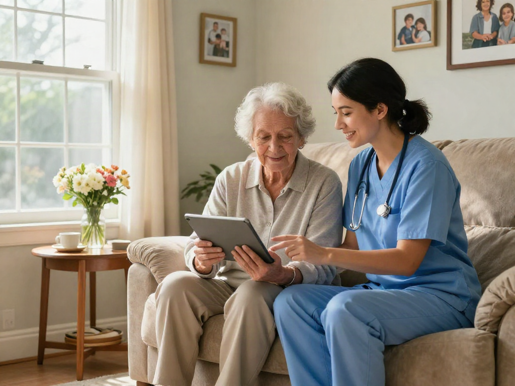 Caregiver assisting an elderly client in cozy home setting showcasing bonus new member 100 for home health services.