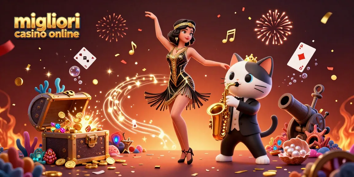 Vivi l'emozione nei migliori casinò online con un'illustrazione vibrante in 3D di personaggi ed elementi del casinò.