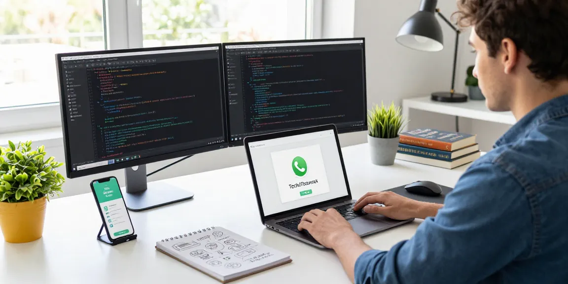 Professional using WhatsApp電腦版 on laptop in a modern workspace