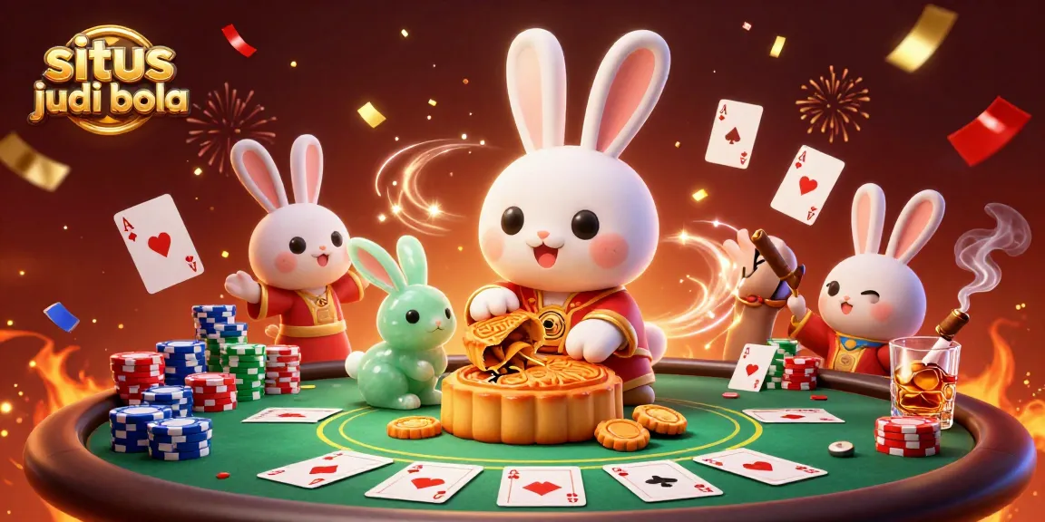 Place your bets on situs judi bola with festive characters surrounded by poker elements and festive effects.