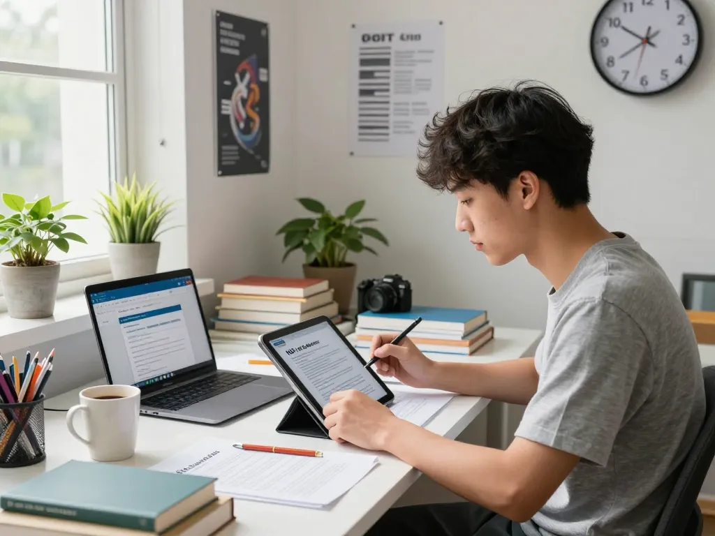 Student reviewing NU Academic Documents & ECA Application Guideline in a bright study room, showcasing preparation for educational credentials.