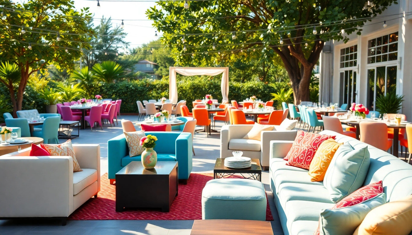 Showcasing Event Furniture Rentals at a stylish outdoor gathering, highlighting elegant seating and decor.