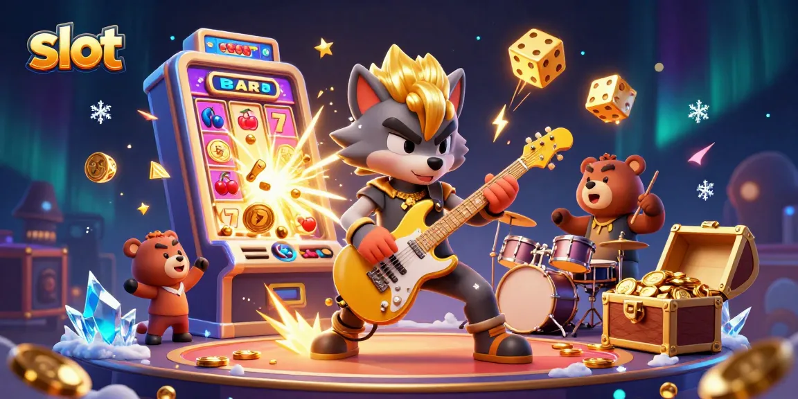 Take a spin with the slot machine featuring a rock star and drummer in an electrifying casino scene.